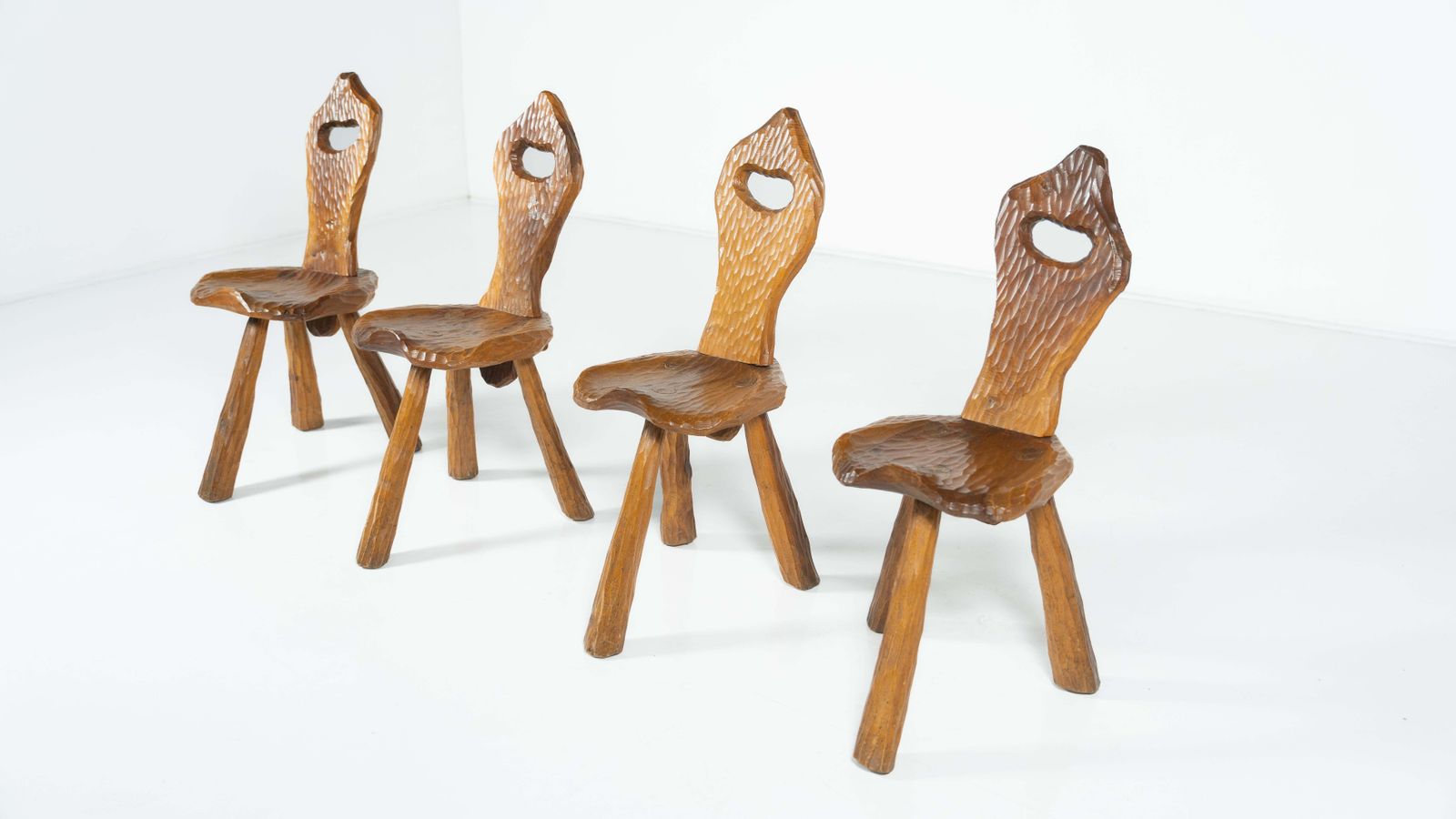 Set Of 4 Wooden Brutalist Chairs, Italy, 1970s photo Furniture