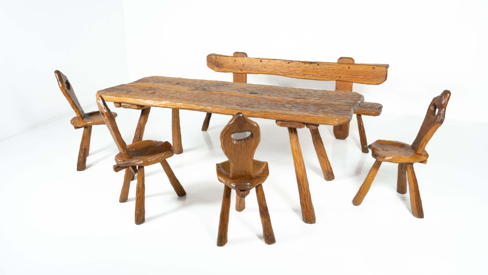 photo vintage Set Of 4 Wooden Brutalist Chairs, Italy, 1970s