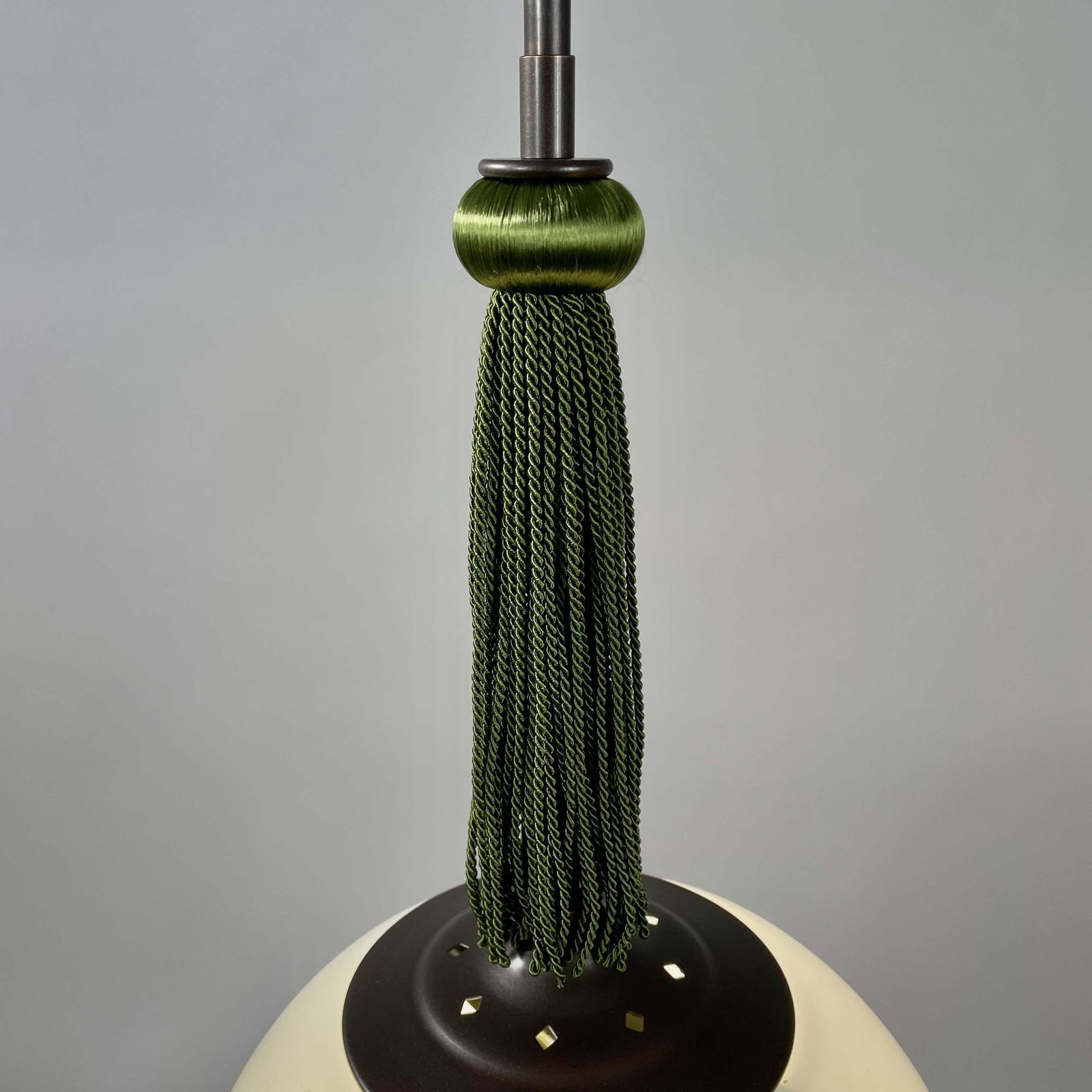 photo furniture Opaline Glass & Burnished Brass Ball Pendants With Tassel, Germany 1930s