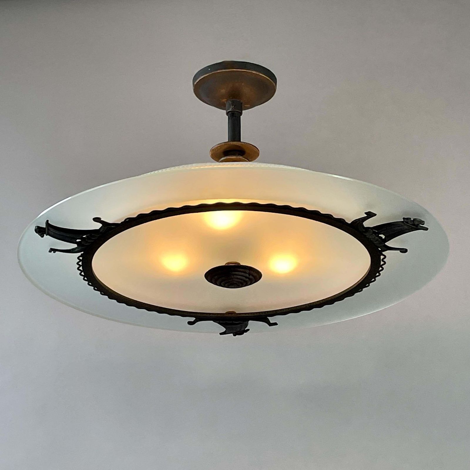 Patinated Iron, Glass & Parchment Ceiling Light By Bjerkås Armatur, Sweden 1940s photo Lighting