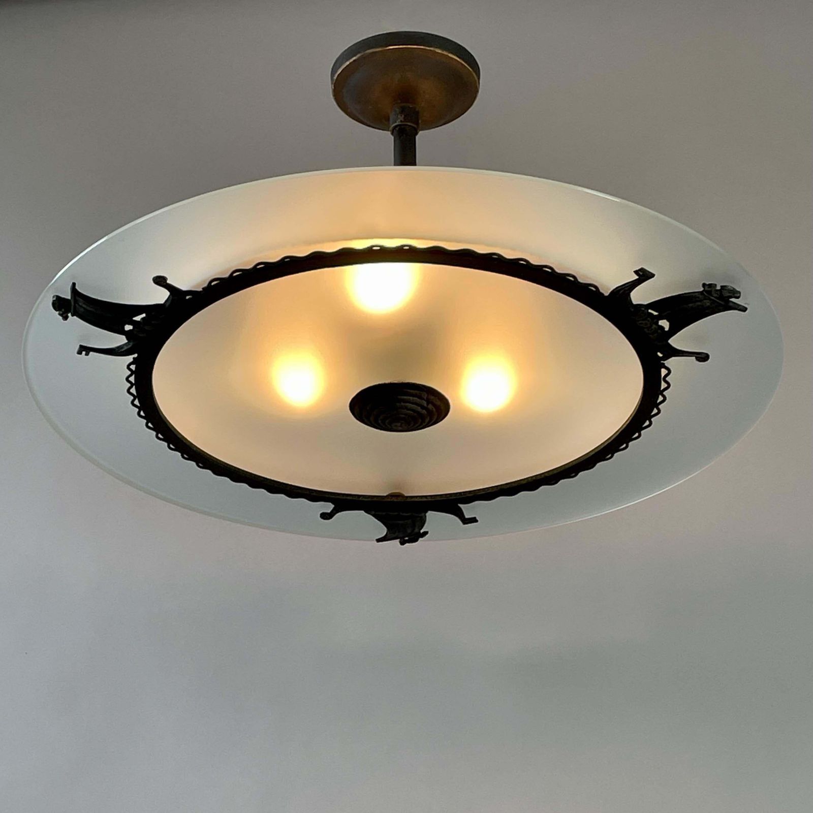 Patinated Iron, Glass & Parchment Ceiling Light By Bjerkås Armatur, Sweden 1940s photo 2302.0
