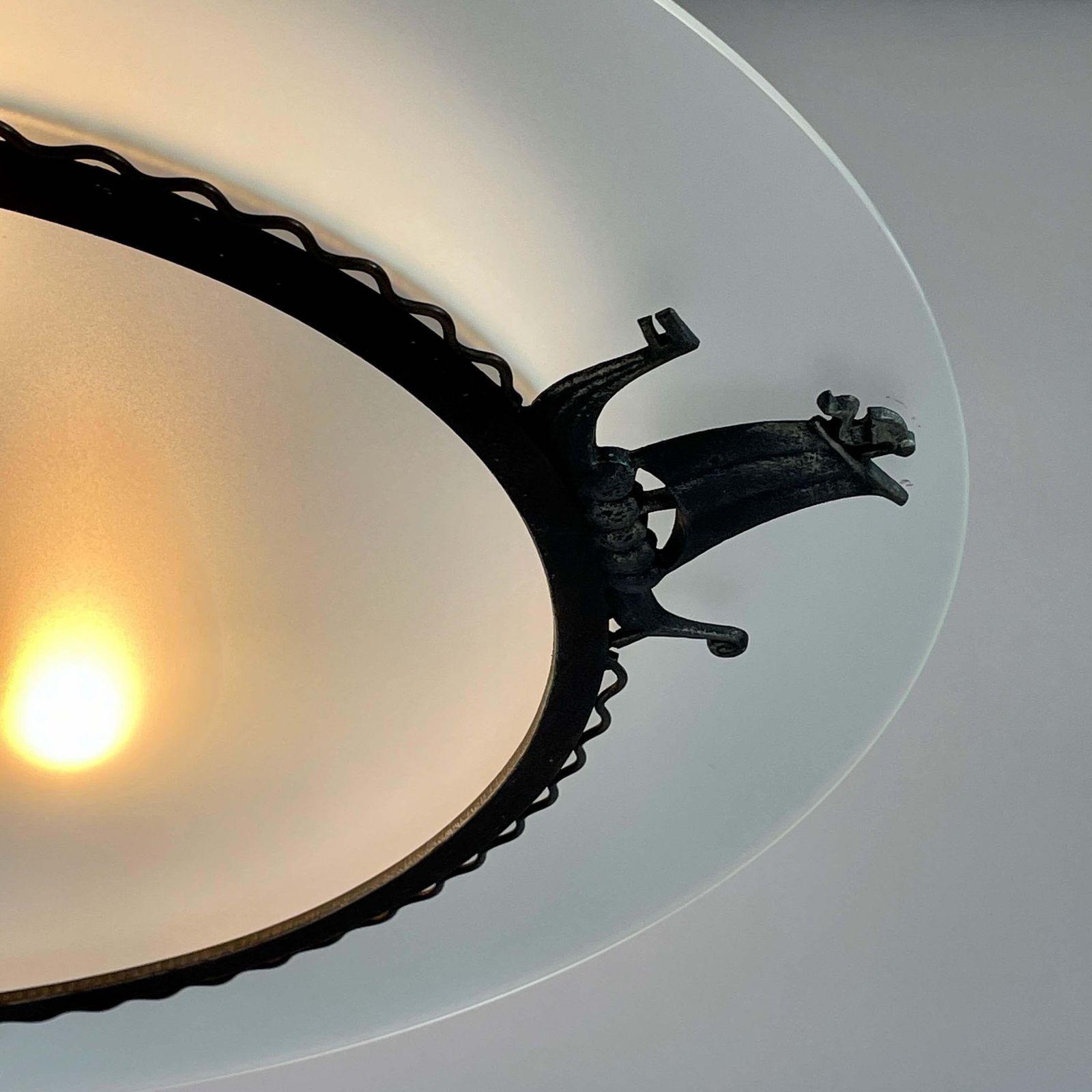 photo for sale Patinated Iron, Glass & Parchment Ceiling Light By Bjerkås Armatur, Sweden 1940s