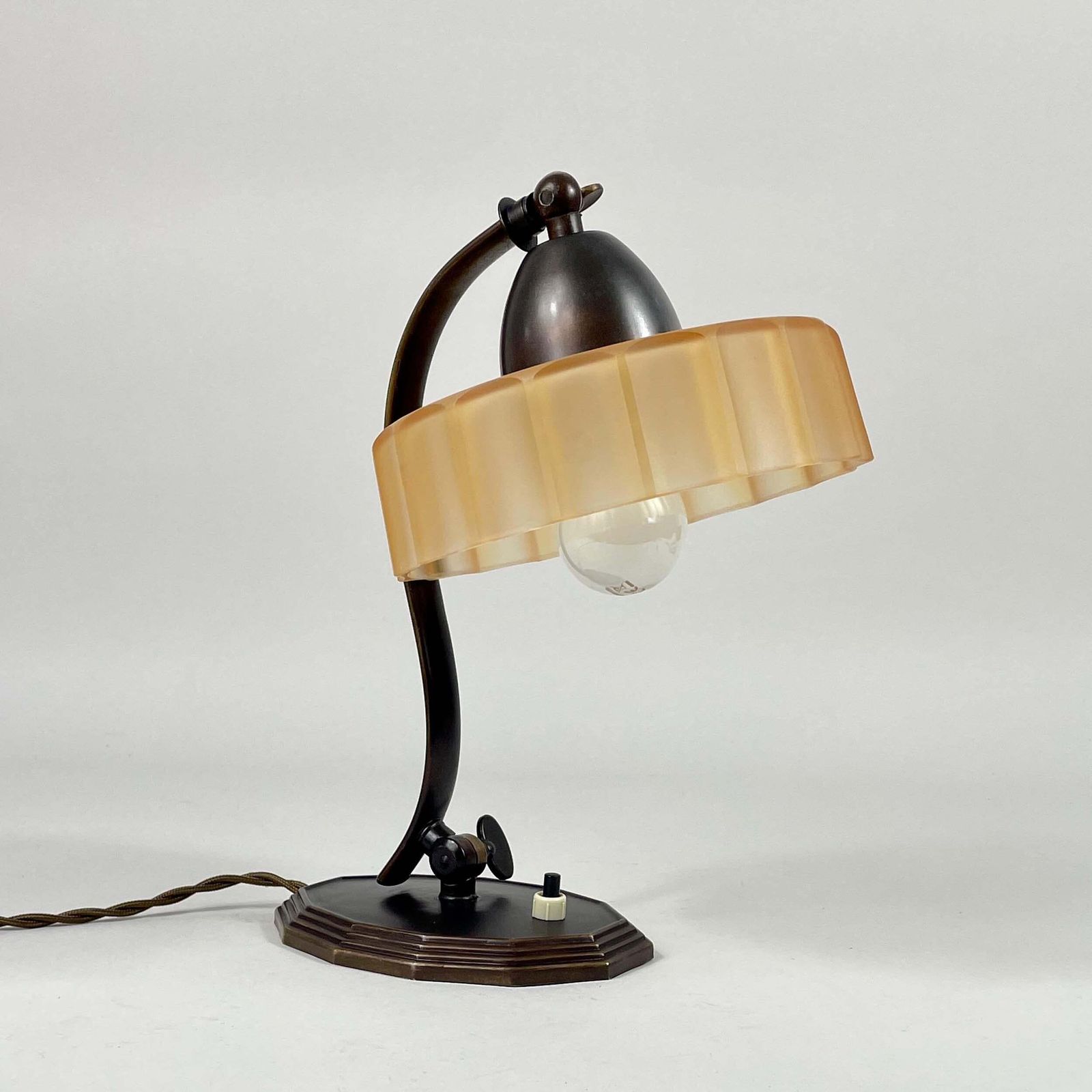 Bronzed Brass & Havanna Glass Table Lamp, Sweden 1920s To 1930s photo for sale