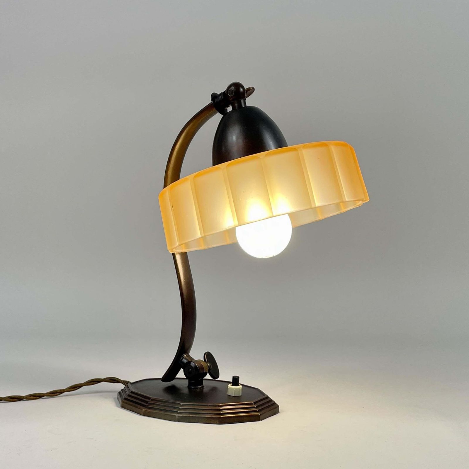 Bronzed Brass & Havanna Glass Table Lamp, Sweden 1920s To 1930s photo Lighting