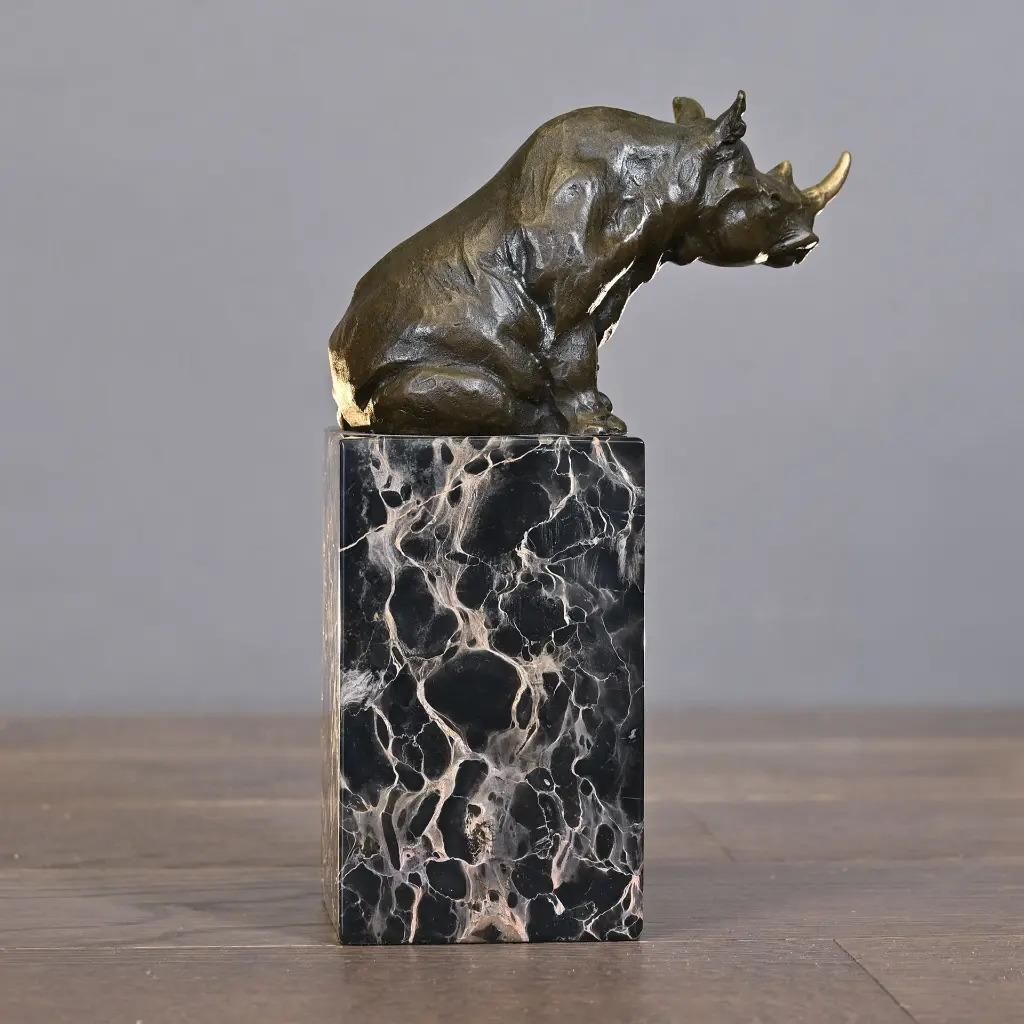 Rhinoceros Statuette In Antique Bronze On Marble Base, Barye Style photo for sale