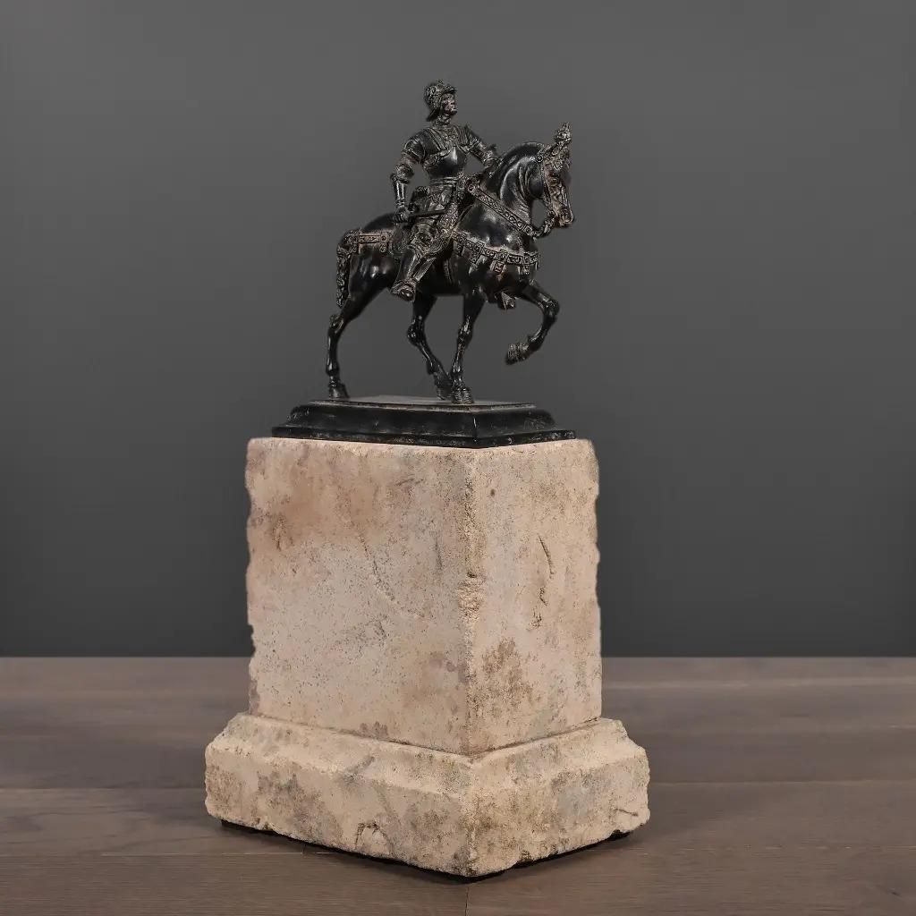 Renaissance Horseman Sculpture On Sandstone Base photo for sale