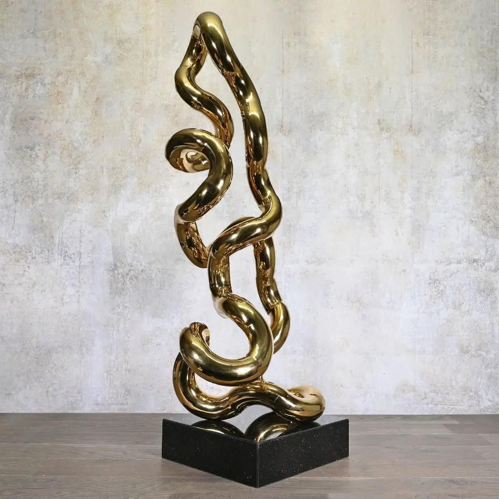 Gold Tubular Metal Sculpture On Black Base, Contemporary Style photo for sale