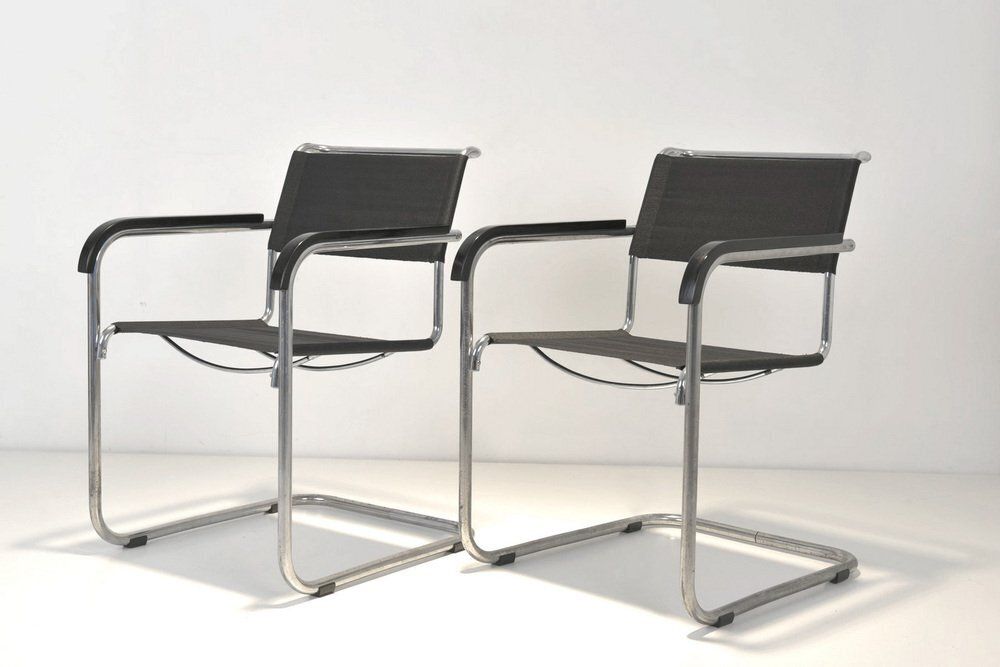 B34 Armrest Cantilever Chairs In Iron Yarn Covering And Steel Tube By Marcel Breuer For Thonet, Germany, 1928, Set Of 2