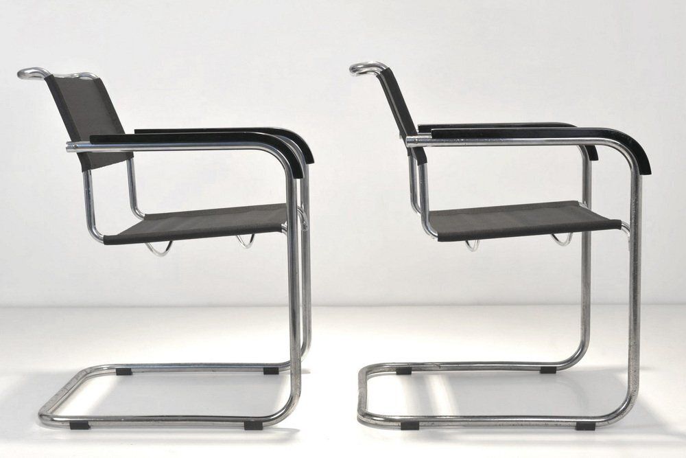 B34 Armrest Cantilever Chairs In Iron Yarn Covering And Steel Tube By Marcel Breuer For Thonet, Germany, 1928, Set Of 2 photo vinterior