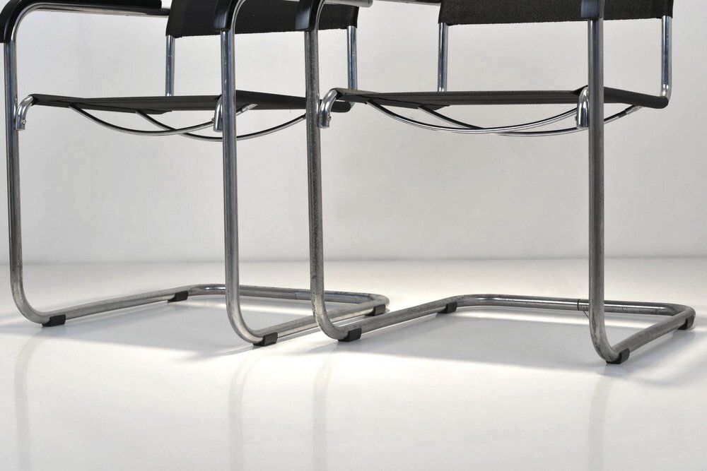 photo furniture B34 Armrest Cantilever Chairs In Iron Yarn Covering And Steel Tube By Marcel Breuer For Thonet, Germany, 1928, Set Of 2