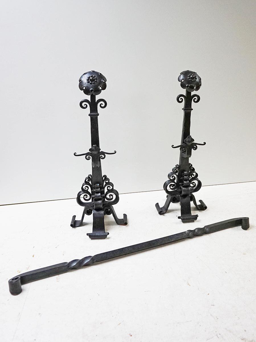 Amsterdamse School Dutch Art Deco Iron Andirons With Cross Bar, 1920s, Set Of 3 photo for sale