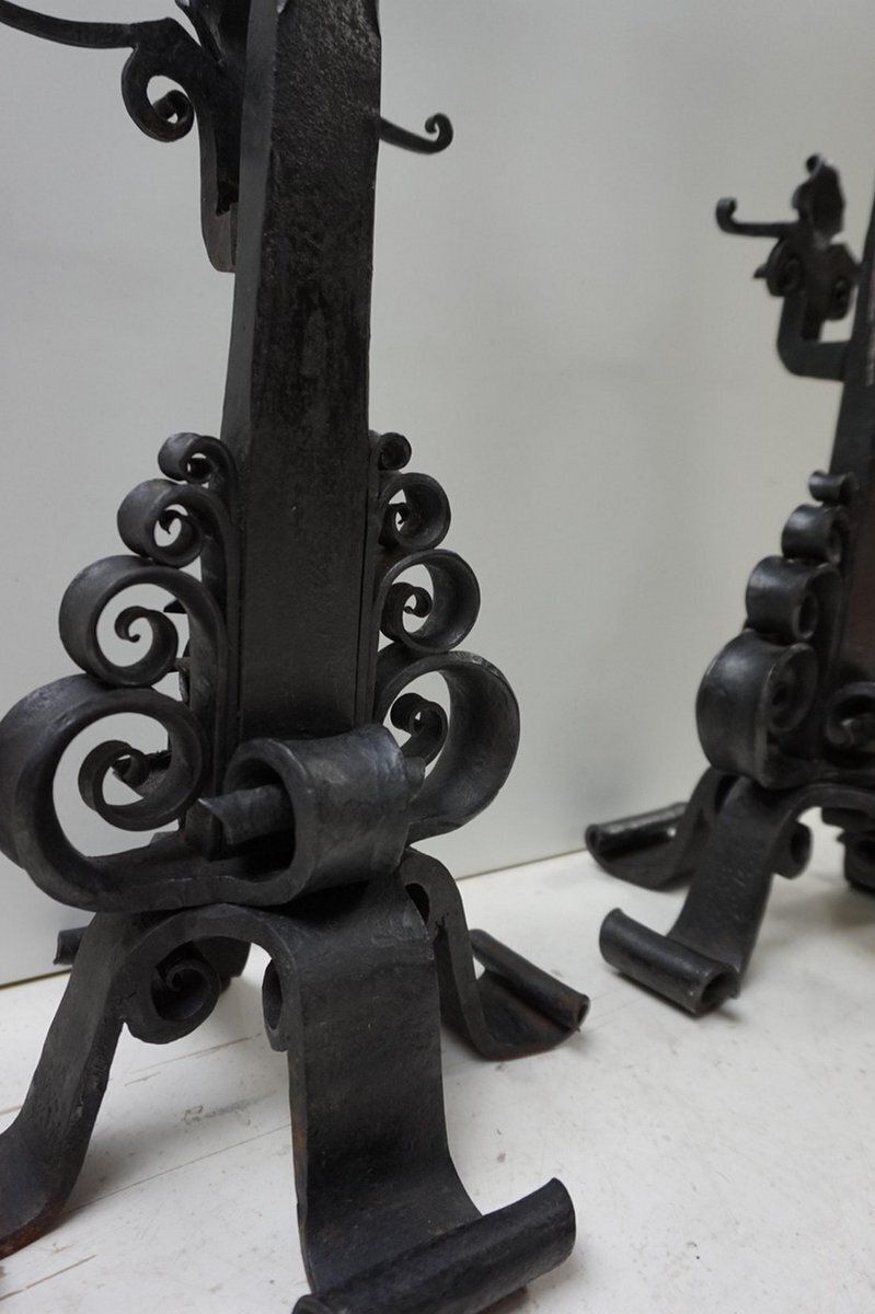 photo vinterior Amsterdamse School Dutch Art Deco Iron Andirons With Cross Bar, 1920s, Set Of 3