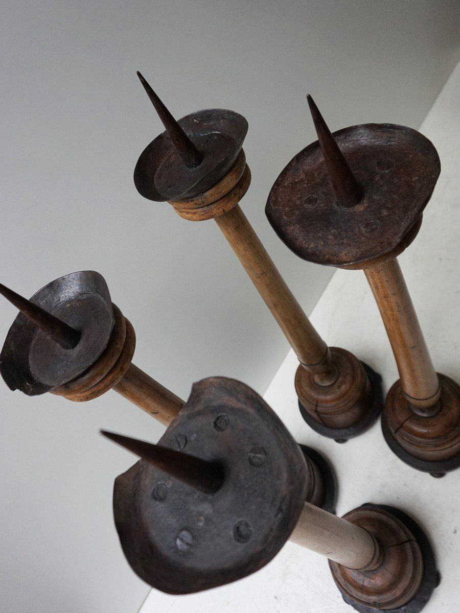 photo vinterior Large Antique French Wooden Candlesticks, 19th Century, Set Of 4