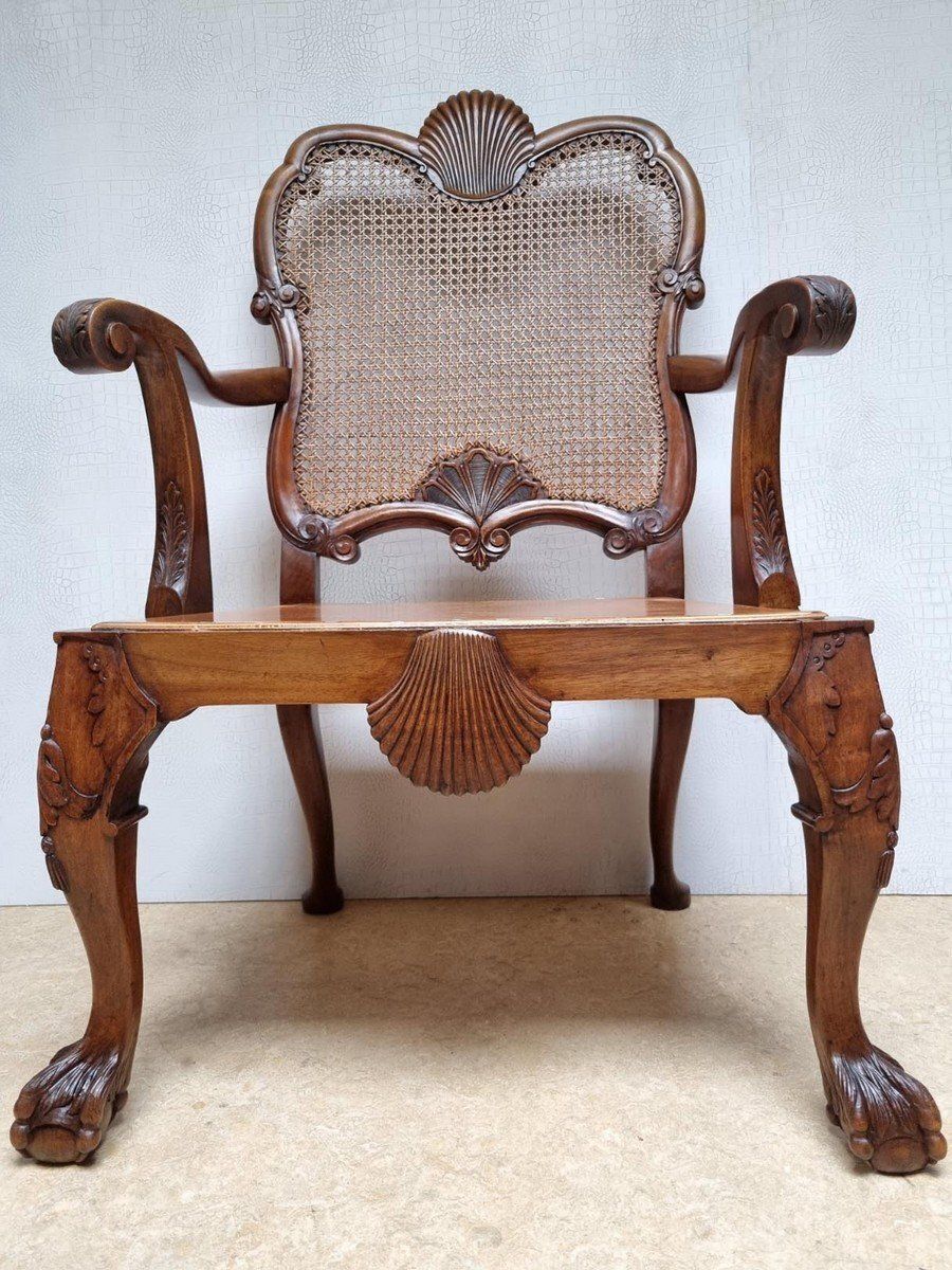 Chippendale Bergere Armchair In Carved Mahogany With Caned Backrest And Lion's Claw And Ball