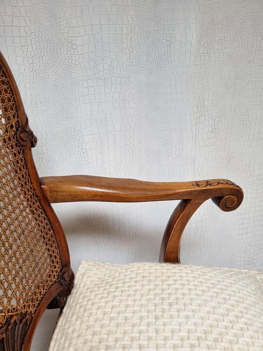 Chippendale Bergere Armchair In Carved Mahogany With Caned Backrest And Lion's Claw And Ball photo 1123.0