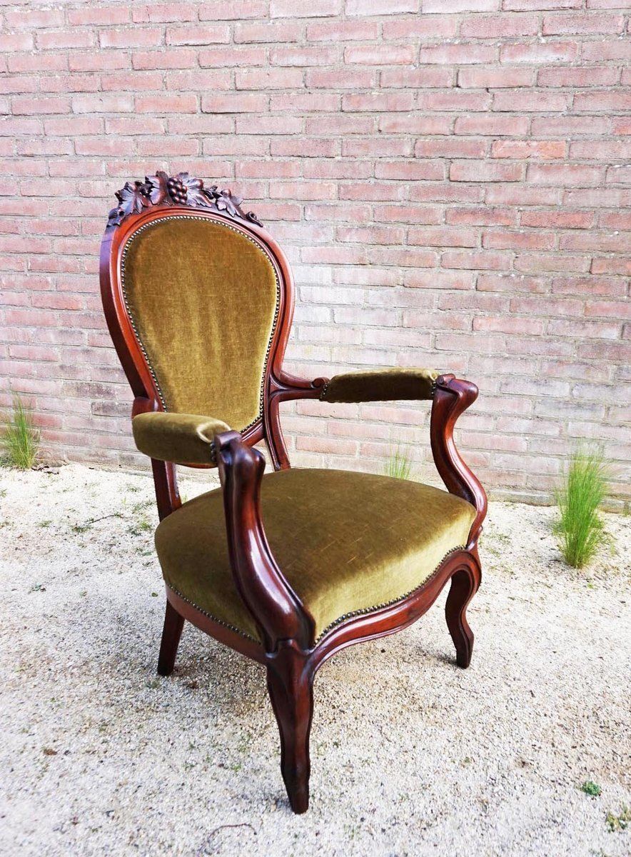 Biedermeier Mahogany Armchair With Carved Grapes And Leaves Decoration On Top, 1870s photo buy