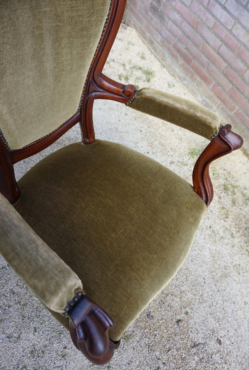 photo furniture Biedermeier Mahogany Armchair With Carved Grapes And Leaves Decoration On Top, 1870s