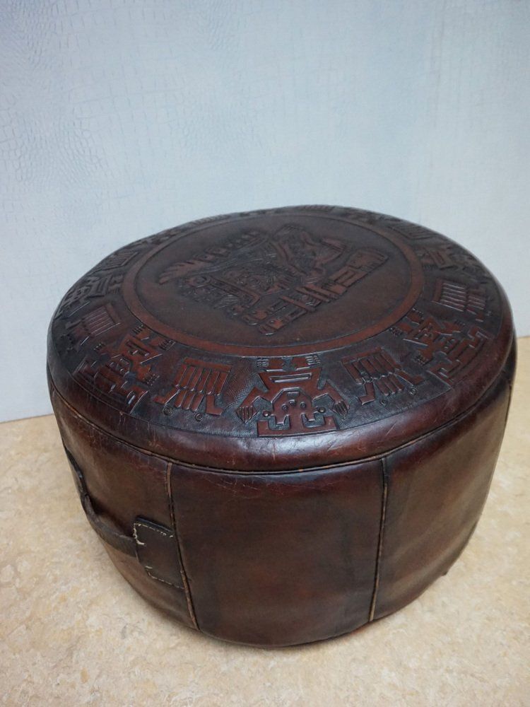 Round Saddle Leather Ottoman With Reliëf Mayan Motifs From Angel Pazmino, 1970s