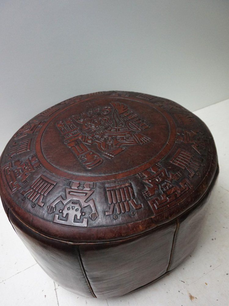 Round Saddle Leather Ottoman With Reliëf Mayan Motifs From Angel Pazmino, 1970s photo furniture