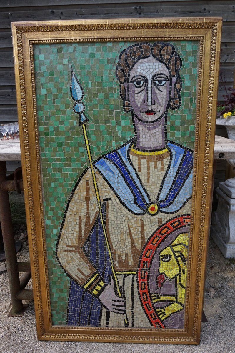 Large Framed Ceramic Mosaic Artwork Of Roman Warrior, 1960s