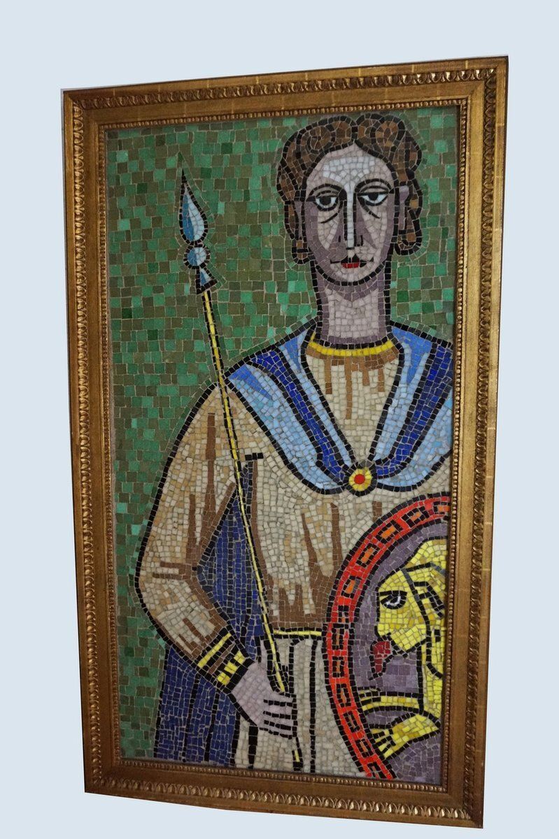 Large Framed Ceramic Mosaic Artwork Of Roman Warrior, 1960s photo vintage