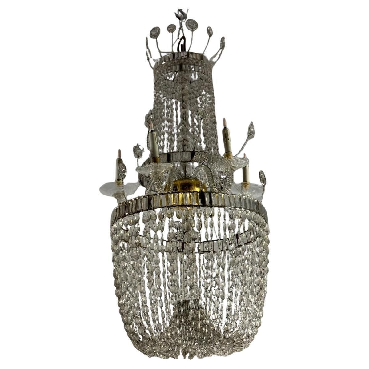 Important Navette Cut Crystal Pearl Bag Chandelier, Circa 1800
