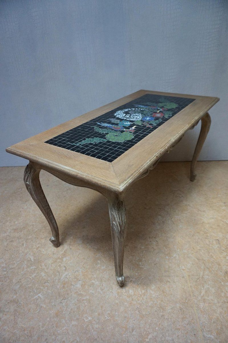 Louis XV French Oak & Mosaik Coffee Table, 1970s photo vintage