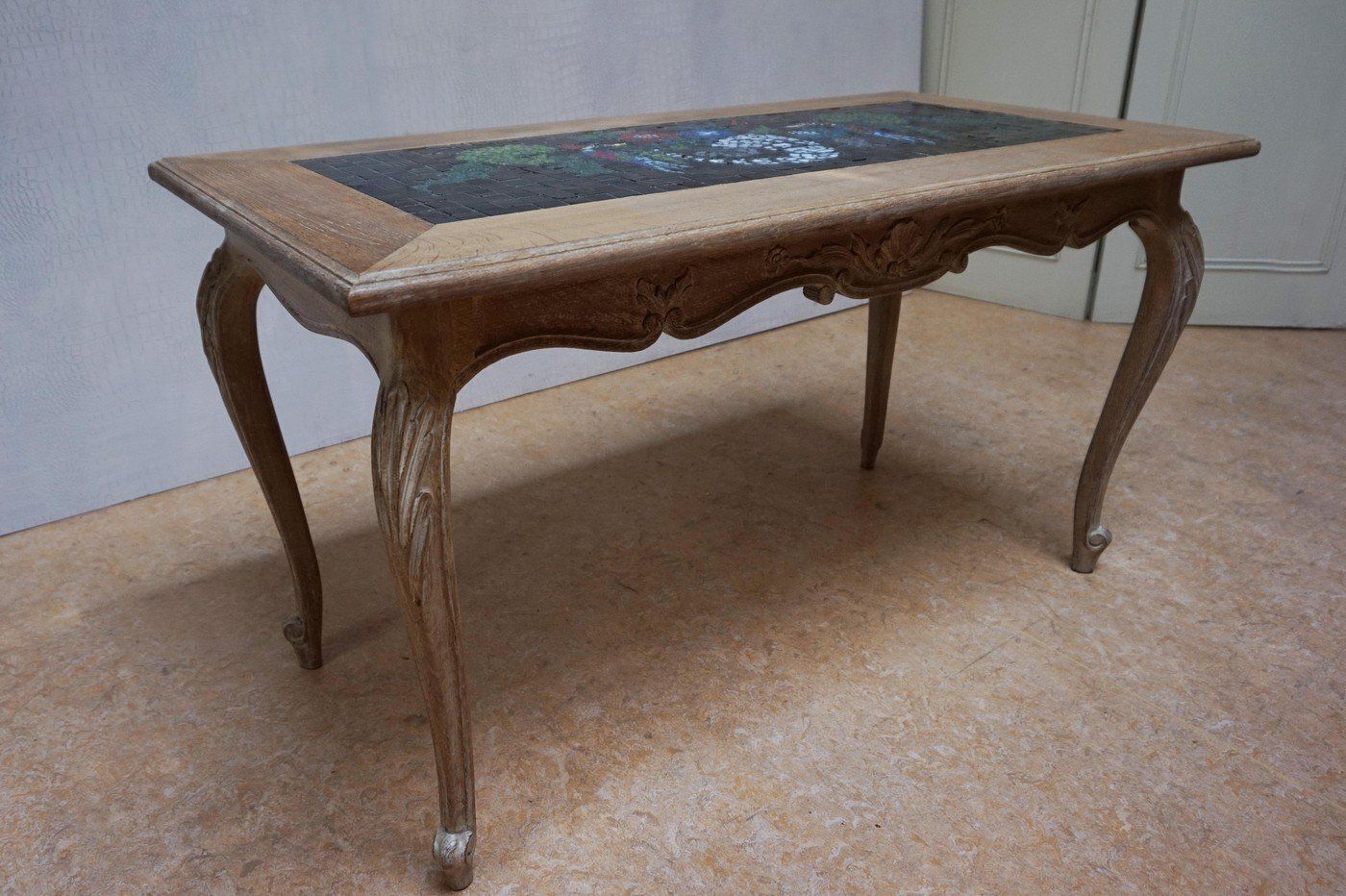 Furniture Louis XV French Oak & Mosaik Coffee Table, 1970s photo