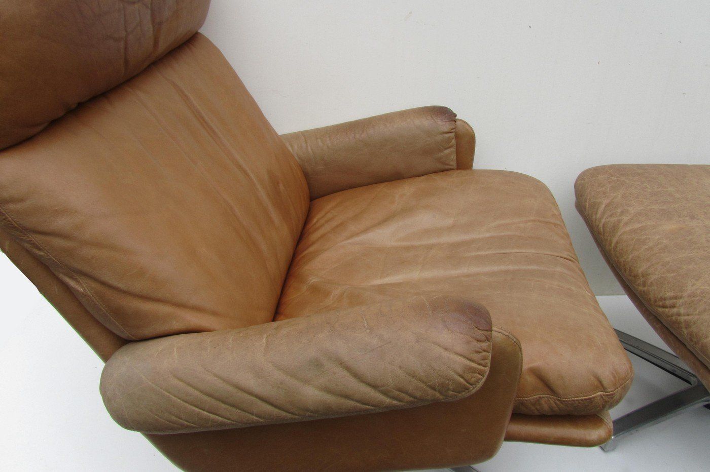 Set Of Mid Century Leather High Back Swivel Armchair With Ottoman, 1960s photo for sale