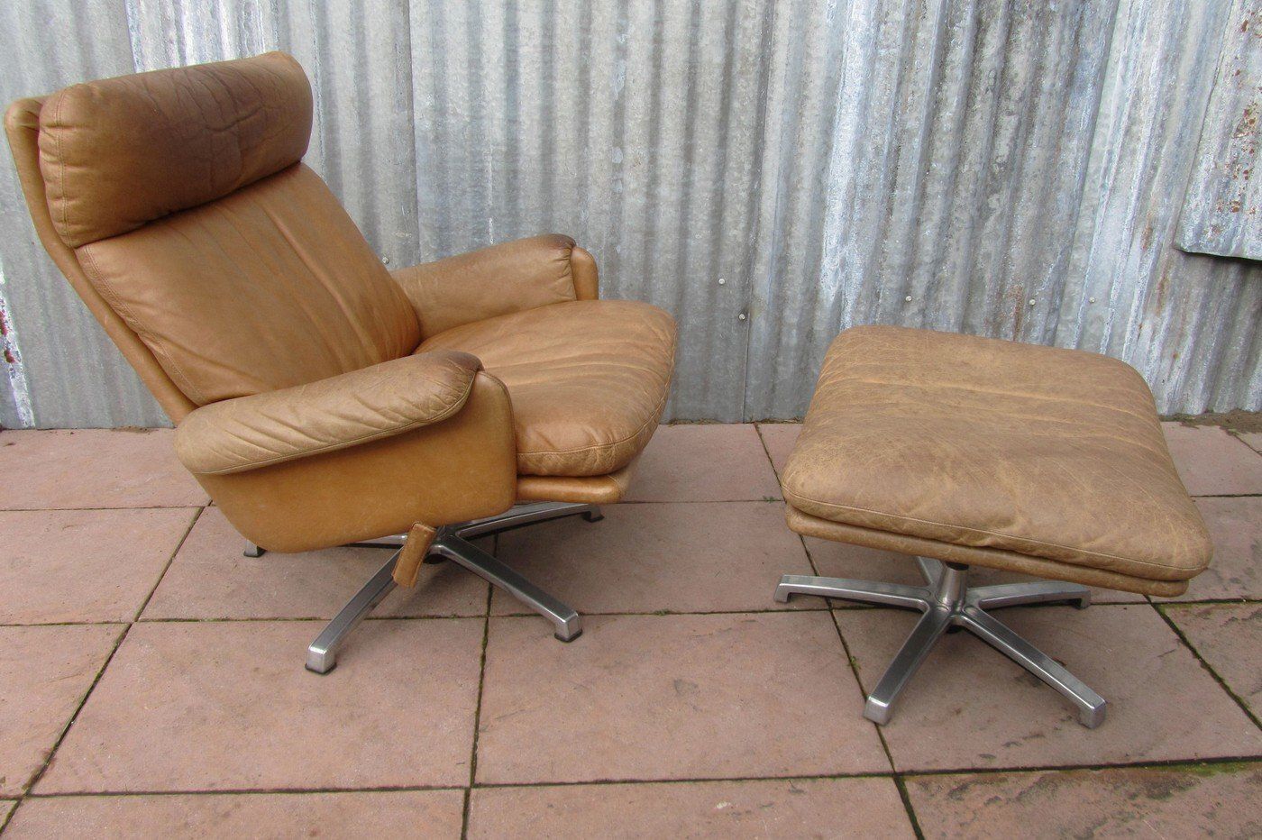 Furniture Set Of Mid Century Leather High Back Swivel Armchair With Ottoman, 1960s photo