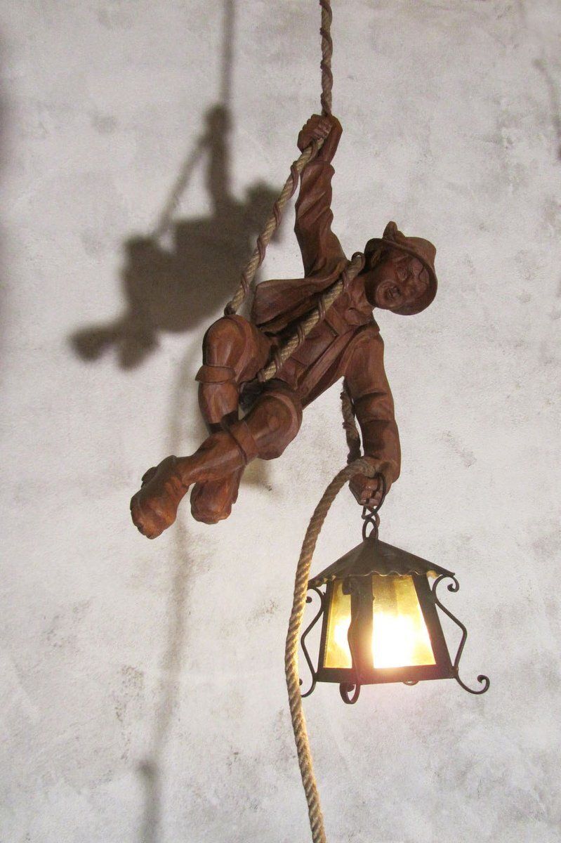 Vintage Carved Wooden Pendant Lamp Mountain Climber & Lantern In Black Forest Style, 1960s