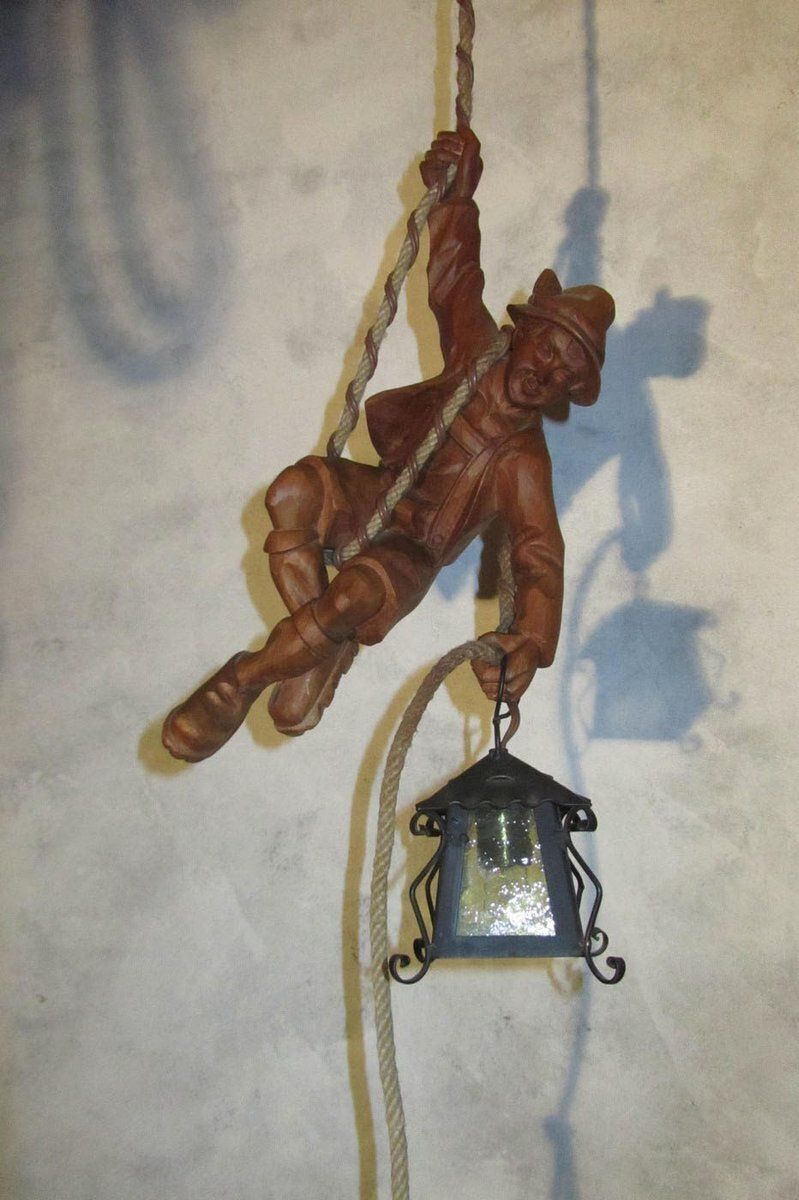 Vintage Carved Wooden Pendant Lamp Mountain Climber & Lantern In Black Forest Style, 1960s photo furniture