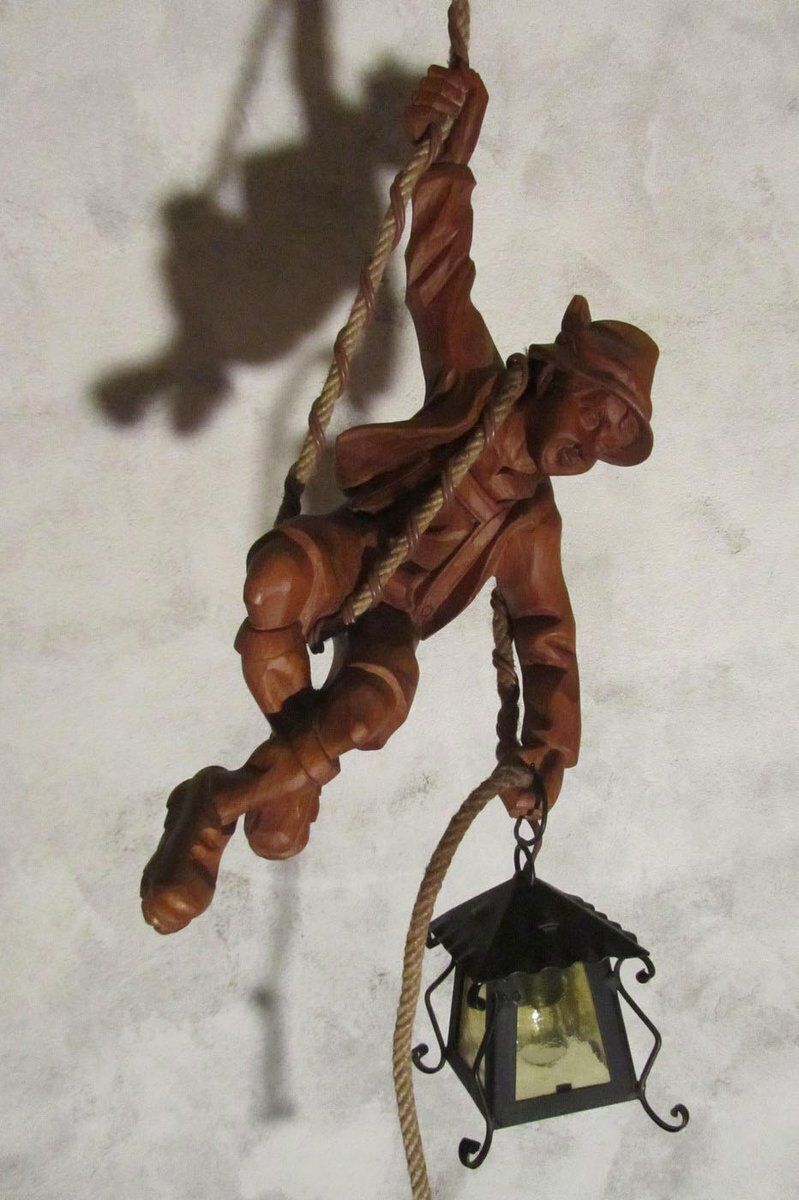 Vintage Carved Wooden Pendant Lamp Mountain Climber & Lantern In Black Forest Style, 1960s photo for sale