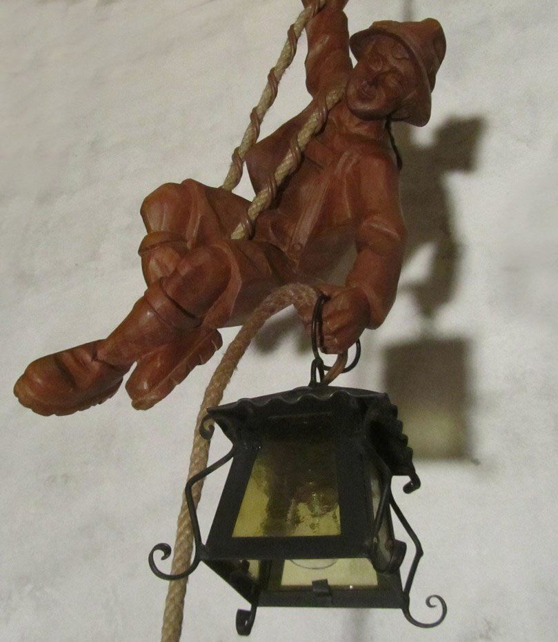 Vintage Carved Wooden Pendant Lamp Mountain Climber & Lantern In Black Forest Style, 1960s photo Lighting