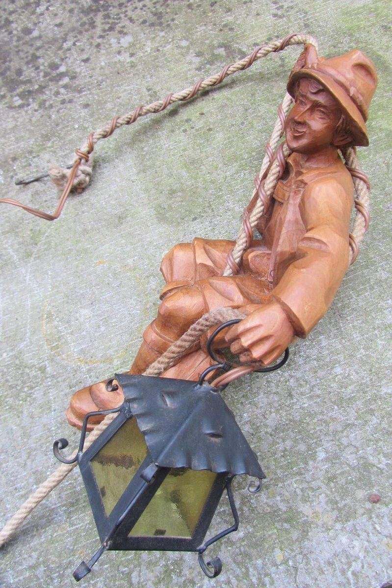 Lighting Vintage Carved Wooden Pendant Lamp Mountain Climber & Lantern In Black Forest Style, 1960s photo
