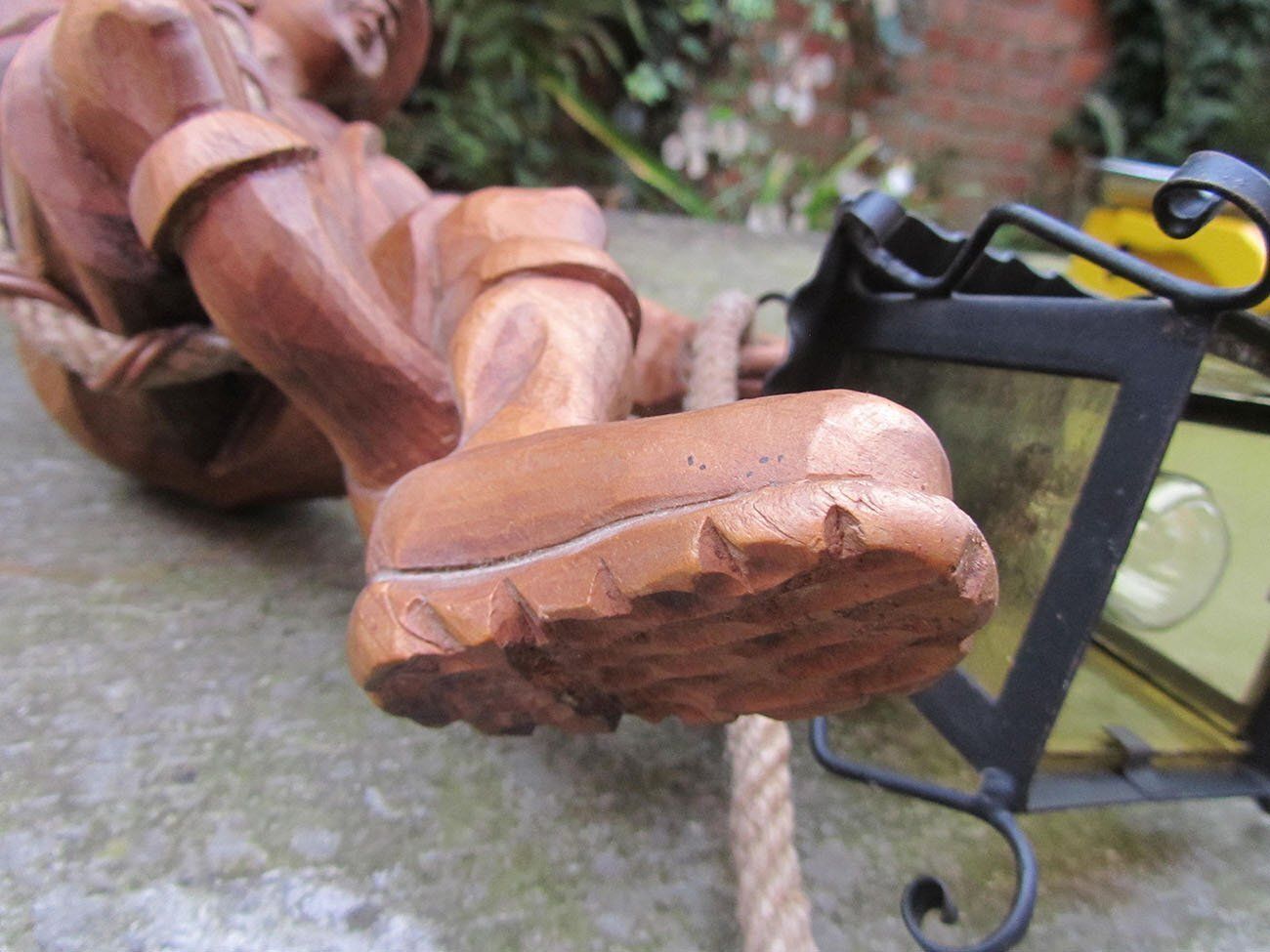 photo buy Vintage Carved Wooden Pendant Lamp Mountain Climber & Lantern In Black Forest Style, 1960s