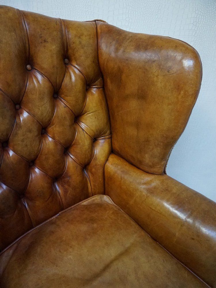 Mid Century Cognac Leather Chesterfield Wingback Armchair, 1960s photo furniture