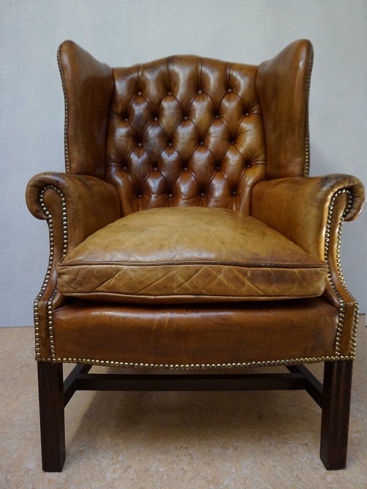 Mid Century Cognac Leather Chesterfield Wingback Armchair, 1960s photo for sale