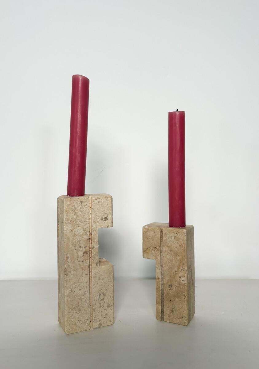Pair Of Two Travertine Candlesticks By Fratelli Mannelli, 1970s photo for sale