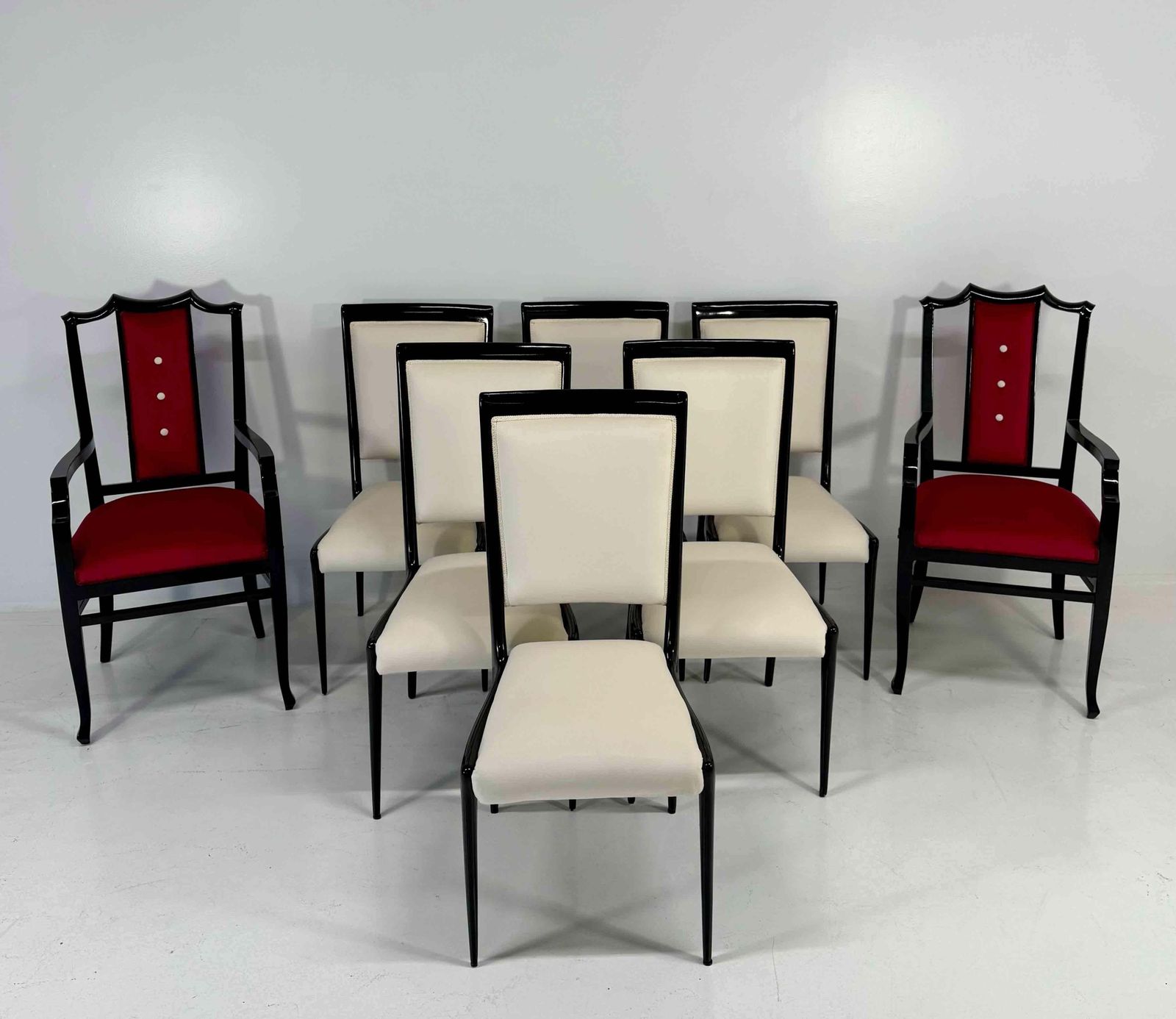 Set Of 8 Seats With 6 Chairs And 2 Armchairs, Black Lacquered Wood And Velvet photo furniture