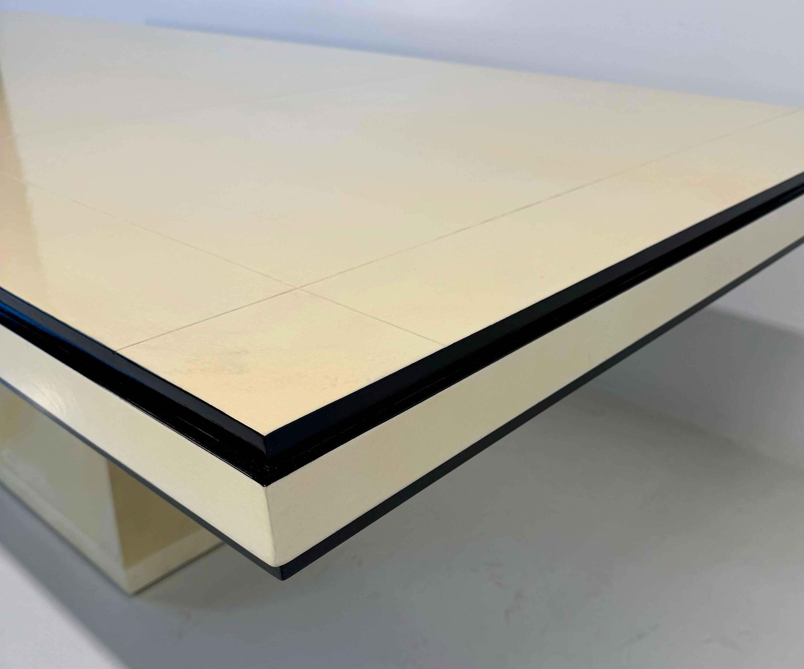 Furniture Italian Art Deco Table In Parchment Leather With Black Profiles, 1940s photo