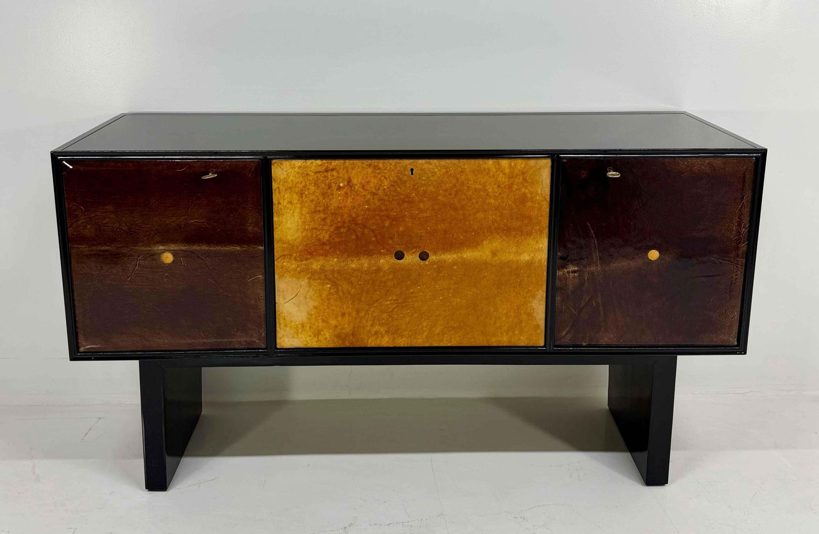 Italian Art Deco Sideboard With Parchment Leather And Ebonized Wood, 1950s photo for sale