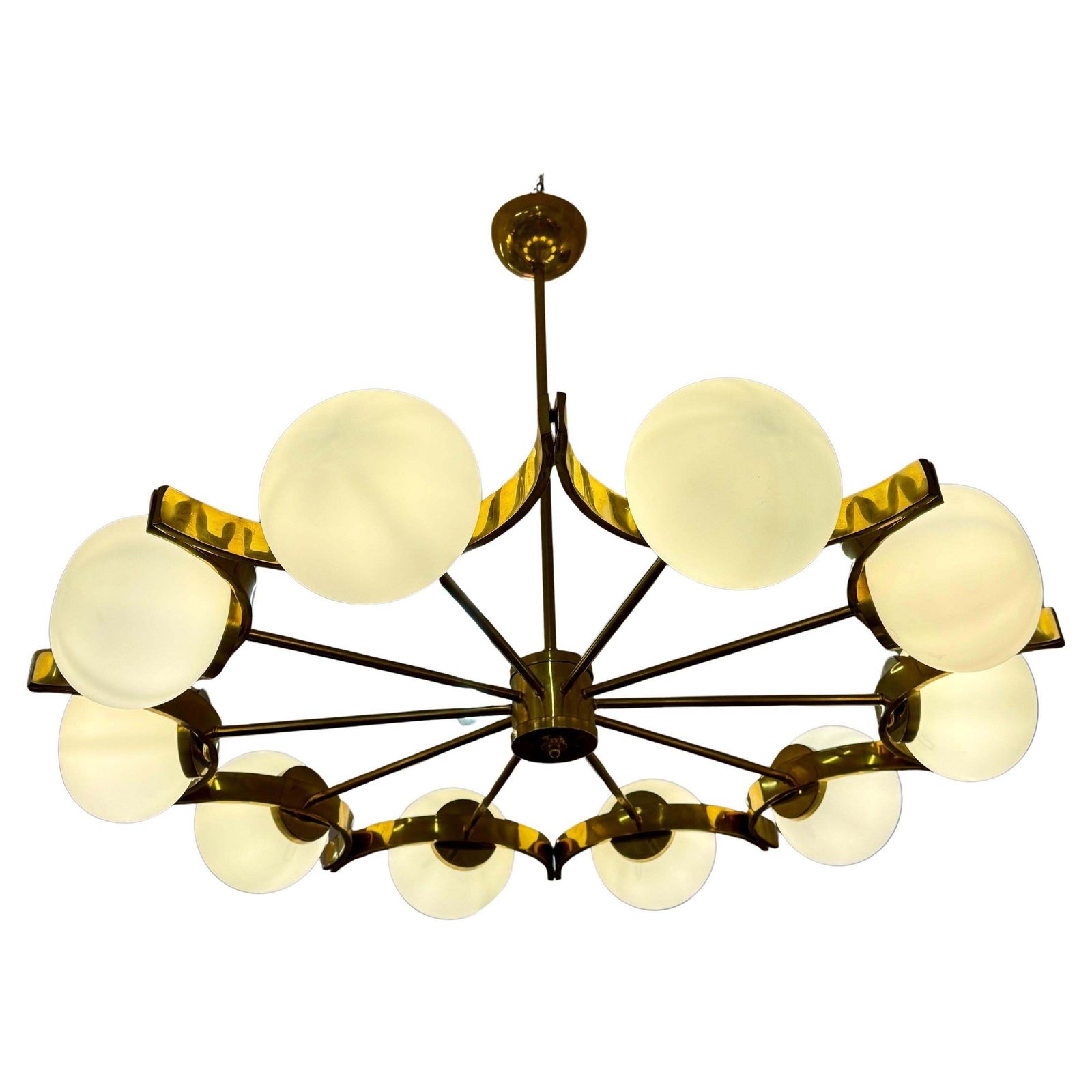 Italian Murano Glass Chandelier With 10 White Spheres And Radial Brass Structure