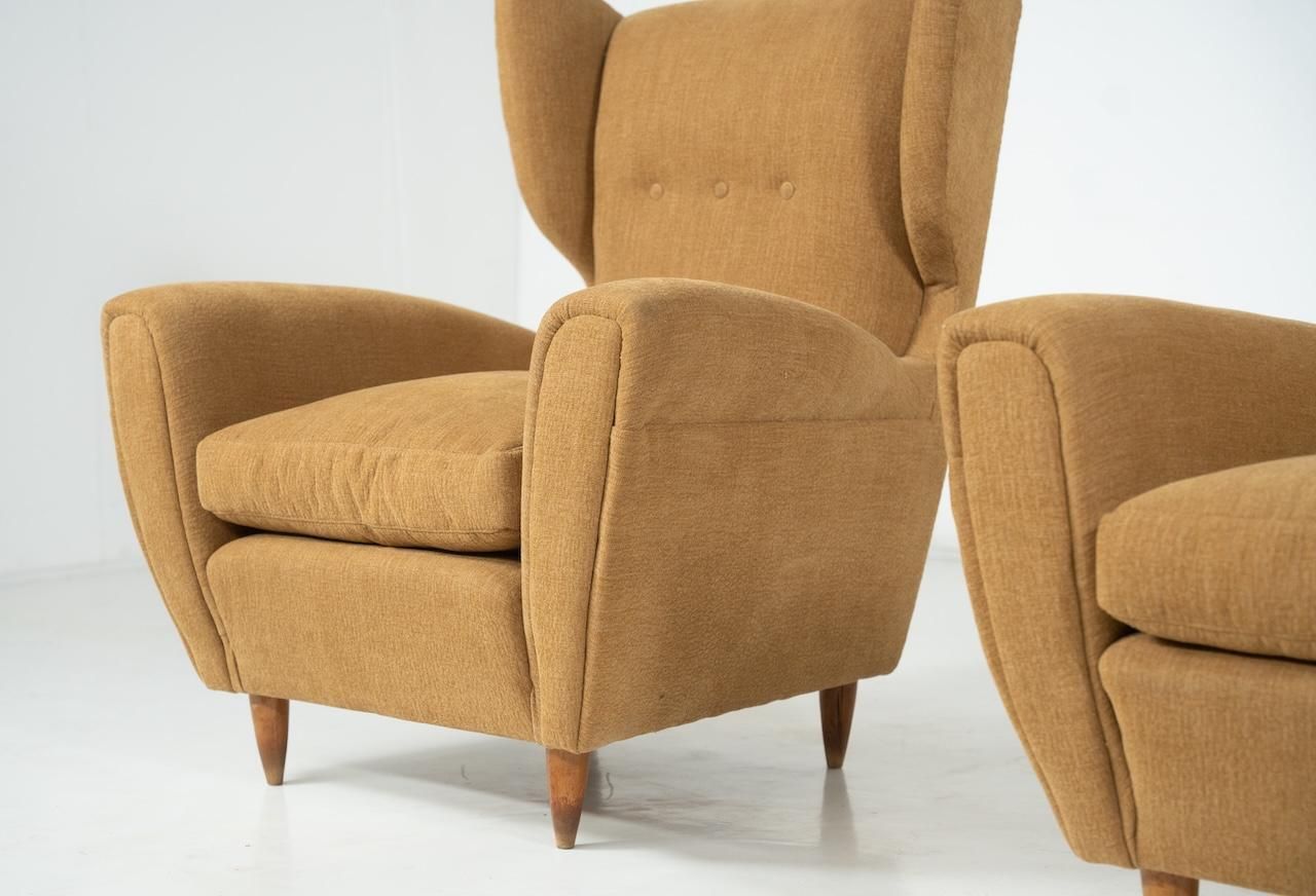 Furniture Mid Century Modern Pair Of Highback Armchairs, New Upholstery photo