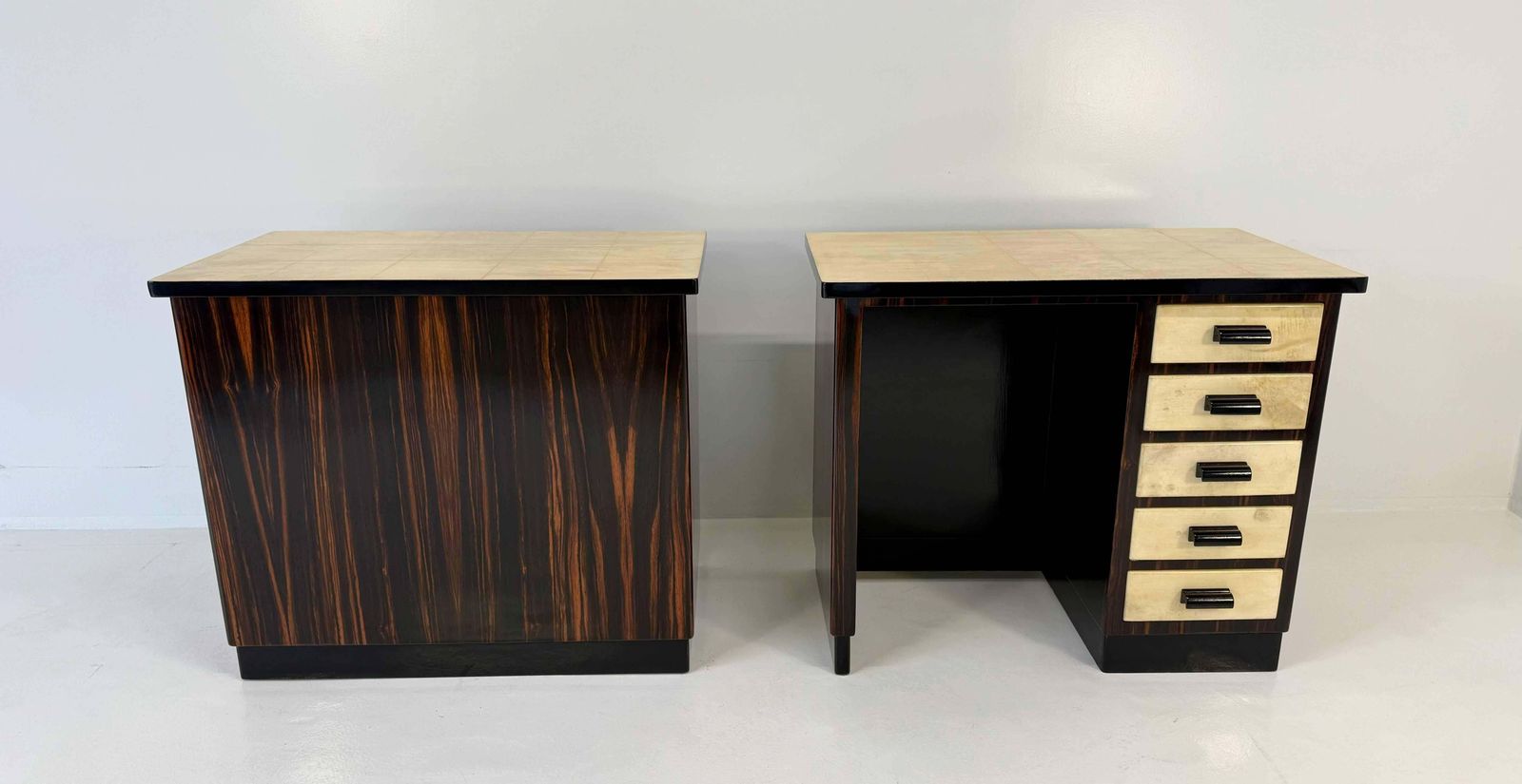Pair Of Italian Art Deco Twin Desks In Macassar And Parchment, 1940s photo furniture