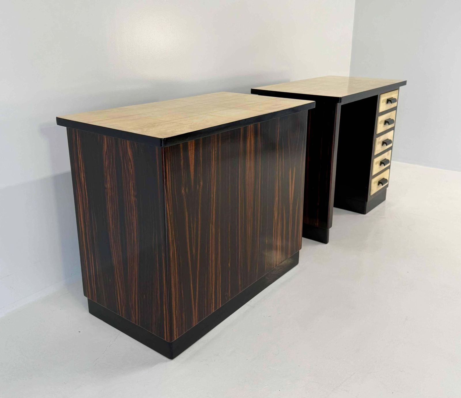 Pair Of Italian Art Deco Twin Desks In Macassar And Parchment, 1940s photo Furniture