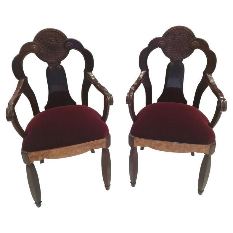 Pair Of Walnut Burl And Amaranth Wood Armchairs, Circa 1925