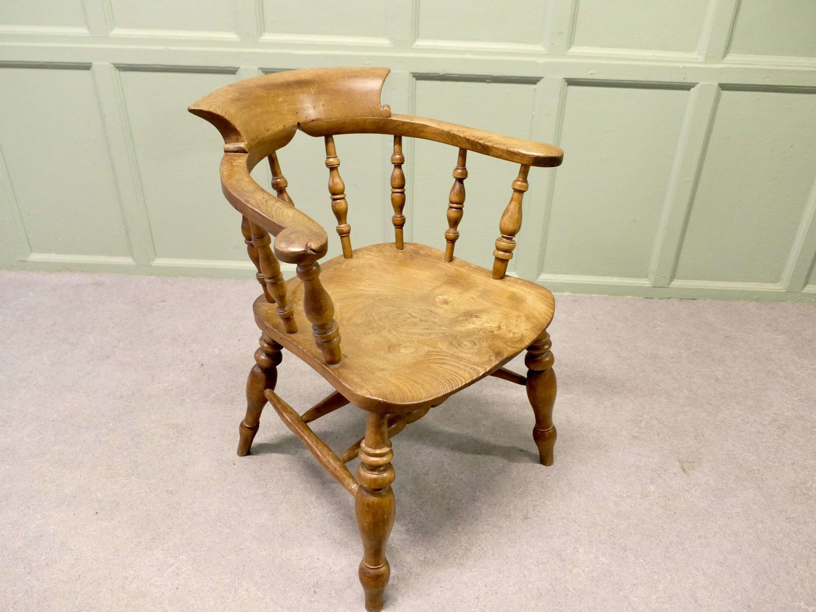 19th Century19th Century Beech And Elm Smokers Bow Office Or Desk Chair photo for sale