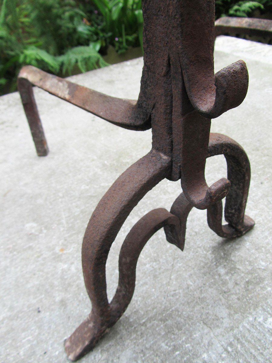 photo furniture Antique Hand Forged Iron Dragon Gothic Andirons, 1700s, Set Of 2