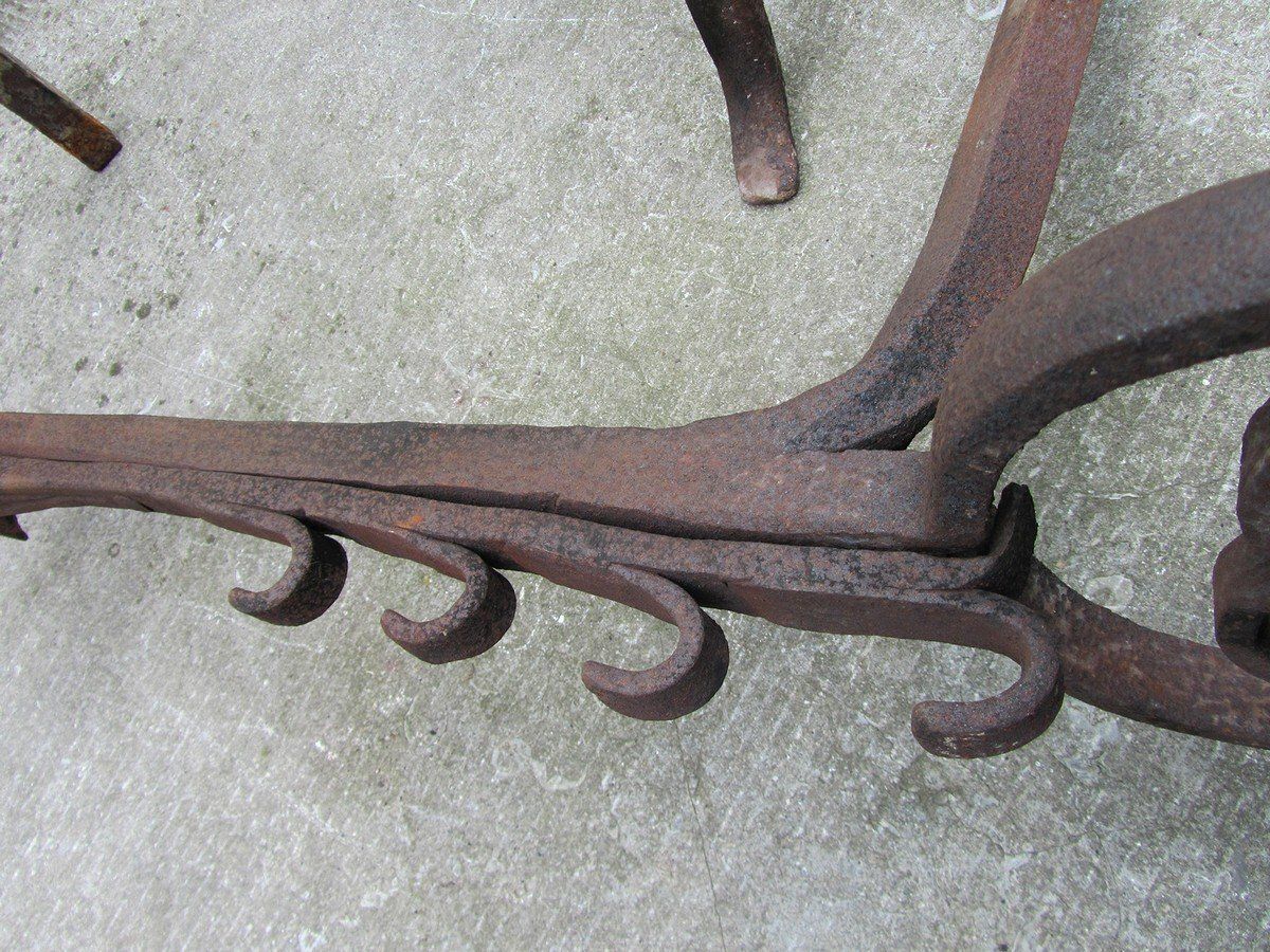 photo for sale Antique Hand Forged Iron Dragon Gothic Andirons, 1700s, Set Of 2
